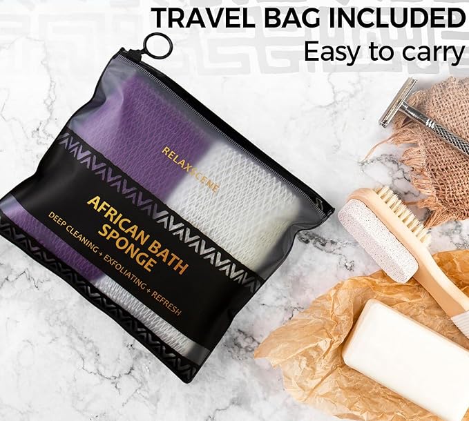 African Net Sponge Authentic - 2 Pieces Exfoliating Body Scrubber Bath Sponge - Back Scrubber Washcloth for Shower White&Purple - Real African Scrub Exfoliator Body Care Bathing Accessorie