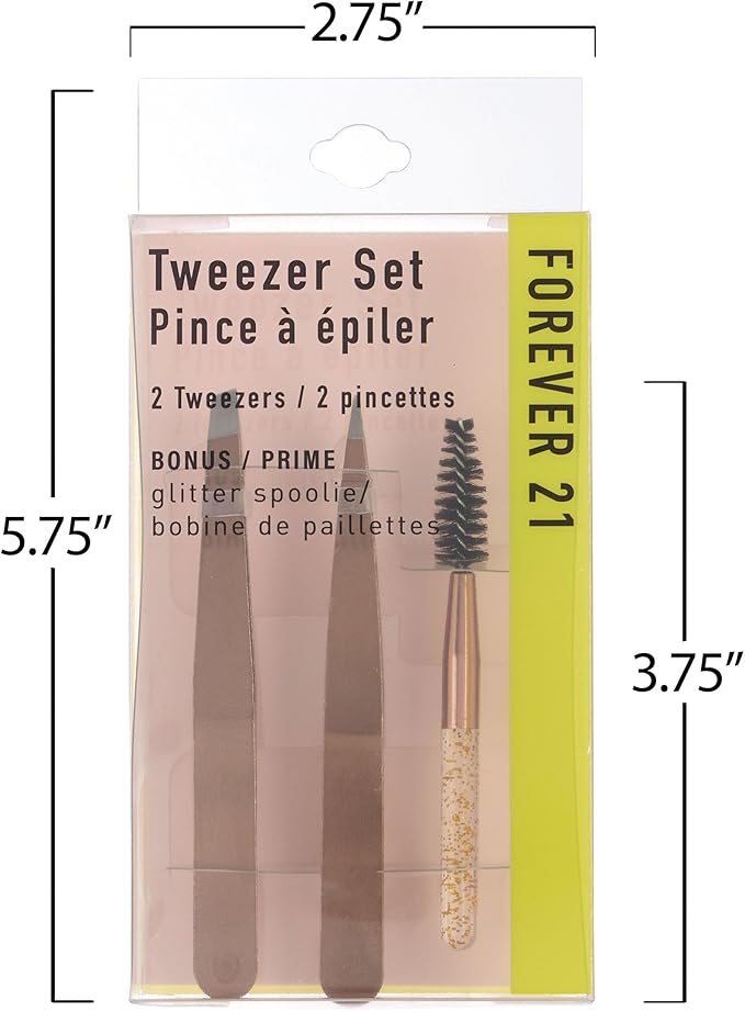 Forever 21 3pc Rose Gold Tweezer Set & Glitter Spoolie - Hair Removal Tweezers,Angled and Pointed Tweezer Set, Precision Tweezers & Eyelash Spoolie Set