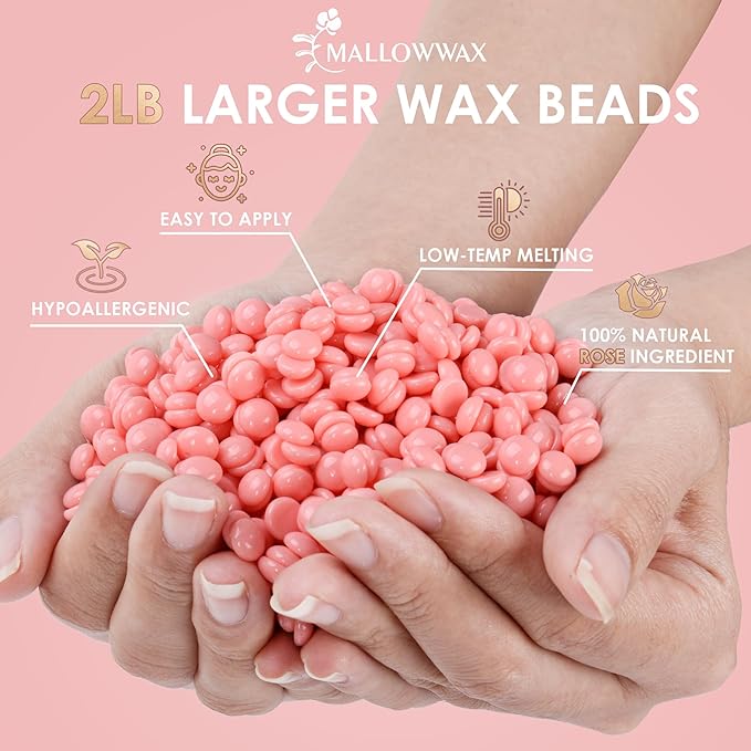 Hard Wax Beads for Hair Removal, 2LB – Premium Hair Removal Wax Refill for Sensitive Skin with Rose Formula, Ideal for Facial and Brazilian Areas