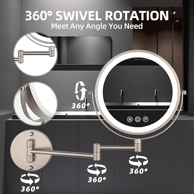9" Wall Mounted Lighted Makeup Mirror with Magnification, 1X/10X Magnifying Mirror with Light, 3 Color LED Dimmable 2000mAh Rechargeable Light Up Magnifying Mirror Nickel Extendable
