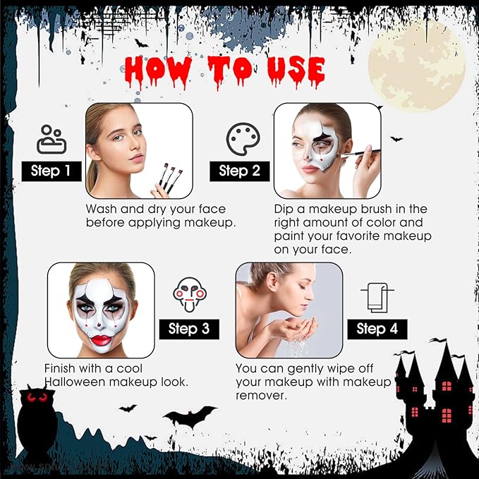 Halloween Face Paint - 12 Pcs Zombie Makeup Kit, Oil Based Black, White, Red Body Painting, Fake Blood Paste for Art, Cosplay, Dress Up Party