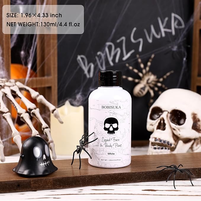 BOBISUKA White Face Body Paint Liquid Texture Washable Non Toxic Facepaint Fast Drying Foundation Makeup for Halloween Clown Skeleton Skull Cosplay SFX Costume Party Large Capacity(130ml)