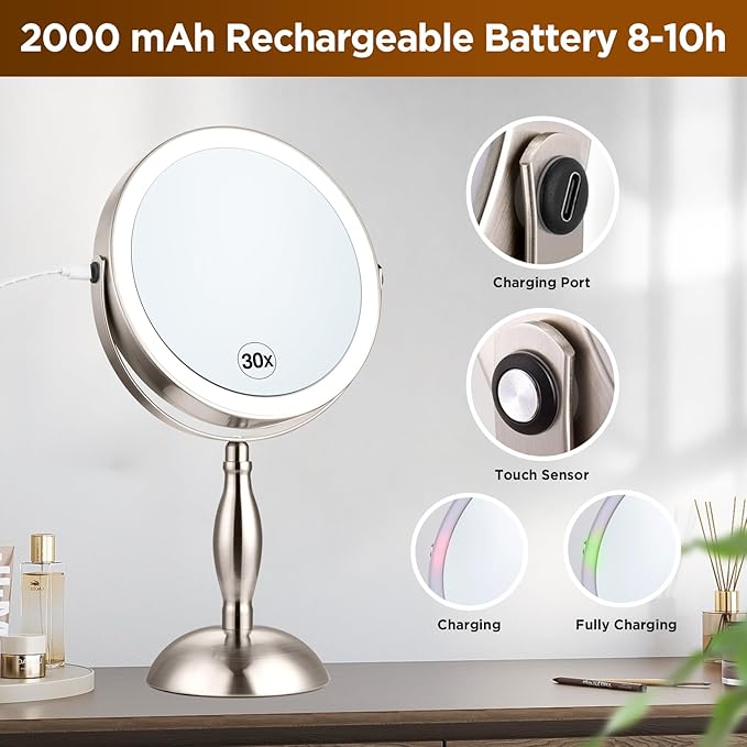 Makeup Mirror with Lighted, 30x Magnifying Mirror with 3 Lights Colors, Vanity Mirror Brushed Nickel - 360° Rotation, Brightness Adjustable Magnification, Modern Style Side Touch + Side Charge