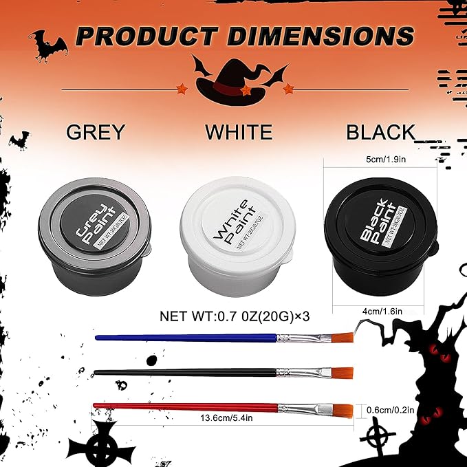 White Black Grey Face Body Paint for Halloween Makeup, Face Paint Kit with Brushes, Non-Irritating, for Adults & Kids, Full-Coverage SFX Makeup Kit for Clown, Zombie, Skeleton, Mime, Cosplay