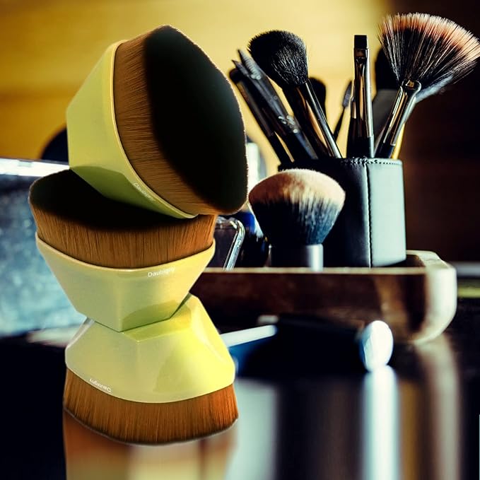 Foundation Makeup Brush Flat Top Kabuki Hexagon Face Blush Liquid Powder Foundation Brush for Blending Liquid, Cream or Flawless Powder Cosmetics with Bonus Protective Case (Yellow)