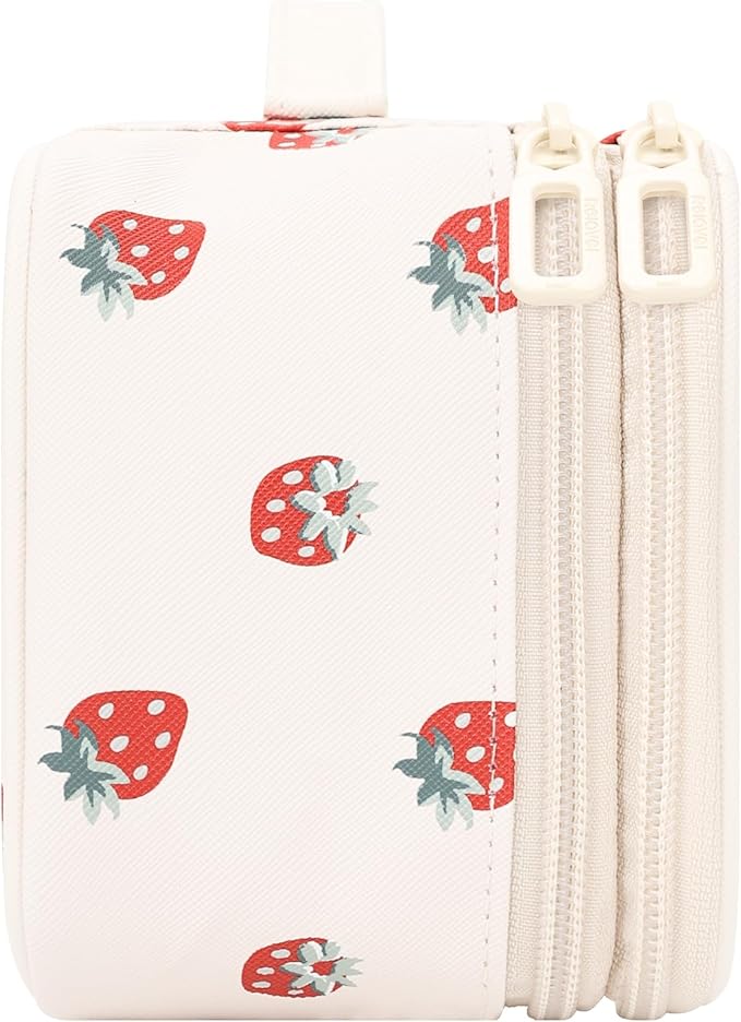 Relavel Makeup Bag, Small Makeup Bag for Women, Travel Cosmetic Bag, 2 Layers Waterproof Makeup Organizer Storage with Makeup Brush Holder, White Straberry