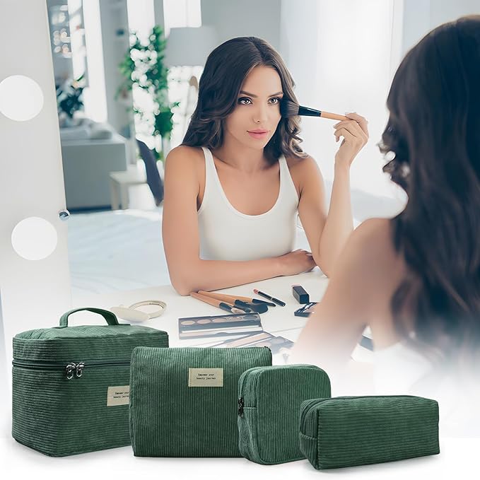 4 Pcs Makeup Bag for Women Corduroy Cosmetic Bag Aesthetic Cute Bags Multi Size Purse Pouch Travel Toiletry Bag Set Makeup Organizer with Zipper(Green)