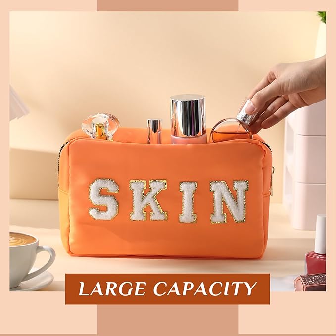 Cunno 4 Pcs Preppy Makeup Bags Chenille Letter Stuff Bag Nylon Cosmetic Pouch Cases with Zipper for Women Travel Toiletry