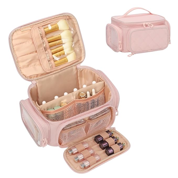 OCHEAL Large Makeup Bag,Cosmetic Organizer for Women with Zipper Pouch and Side Pocket, Multifunctional Compartments and Dividers,Travel Makeup Case for Toiletries, Brushes & Beauty Tools-Pink