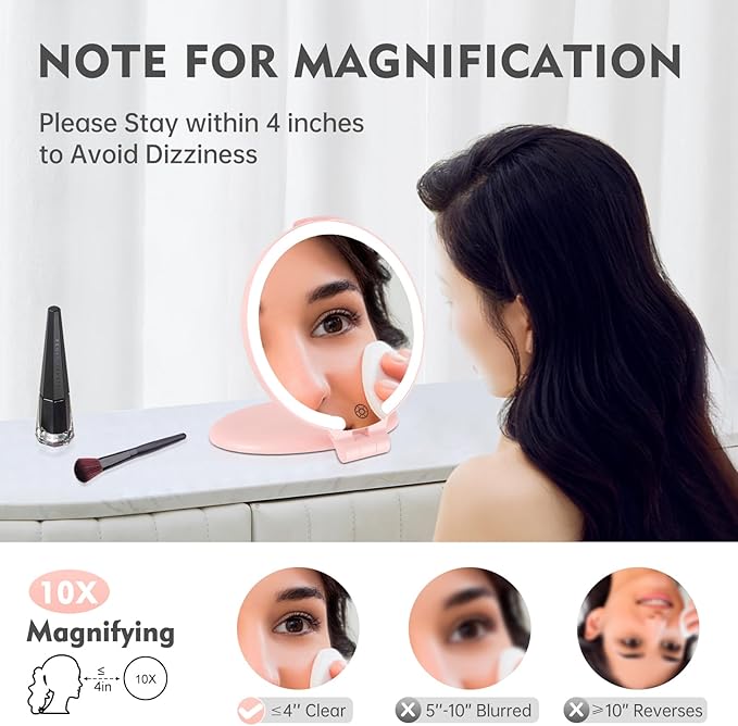 FUNTOUCH Travel Mirror with Light, 10X 1X Double Sided Magnification Makeup Vanity Mirror Rechargeable Lighted Mirror with 3 Color Setting Adjustable Rotation LED Vanity Desk Mirror,Pink