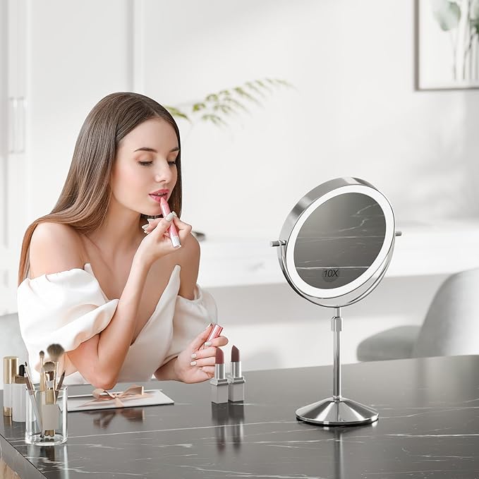 Garvee Lighted Makeup Mirror, Rechargeable Height Adjustable Double Sided Vanity Mirror, 1x/10x True HD Magnifying, Brightness Adjustable, Three Colors, 360° Rotation Vanity, Gift for Women, Chrome