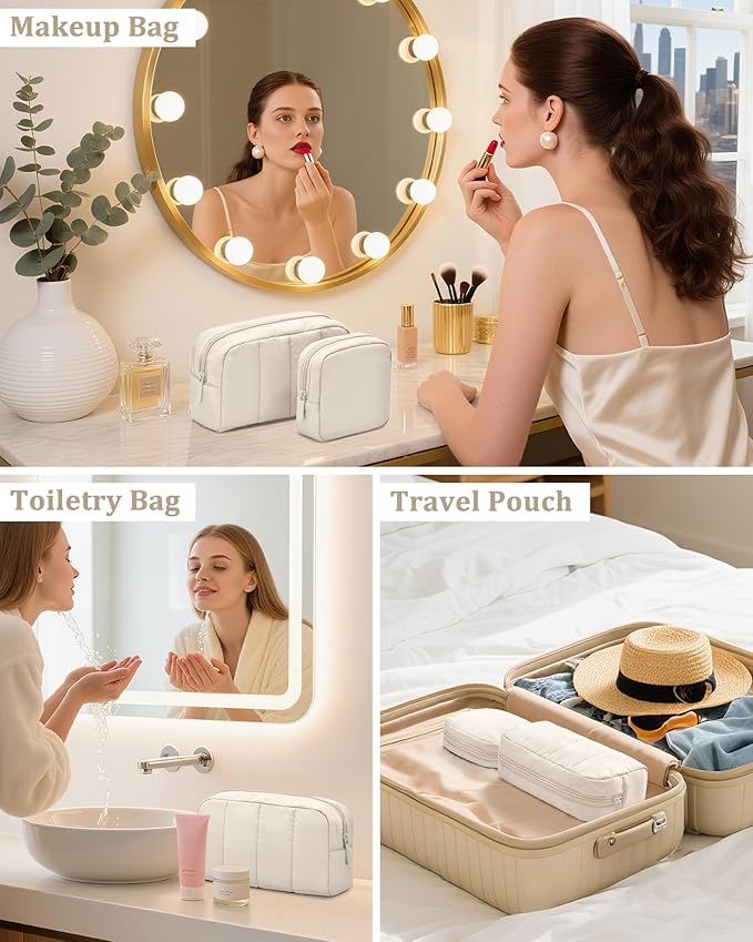 oscaurt 2 Pcs Makeup Bag Travel Toiletry Bag for Women Puffy Padded Cosmetic Pouch Purse Wide-open Makeup Organizer Case Travel Essentials