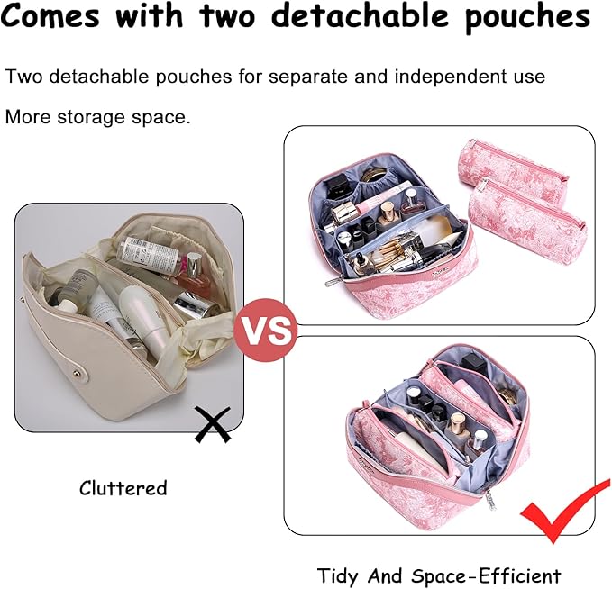 BOYATU Travel Makeup Bag for Women: Large Capacity Make up Bag with Compartments - Vegan Leather Cosmetic Bag set of 3 - Waterproof Toiletry Bag with Handle & Divider(D-04Pink)