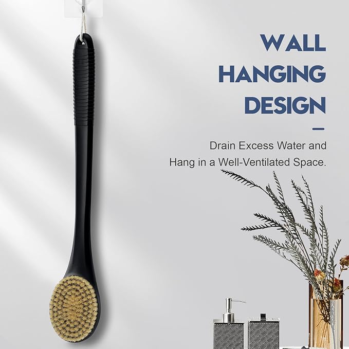Back Scrubber for Shower, Shower Body Brush for Cleaning with Long Handle for Showering, 17 Inch Back Washer Exfoliator for Shower Men Women with Non-Slip Handle, Adhesive Hook (Black-Boar Bristles)