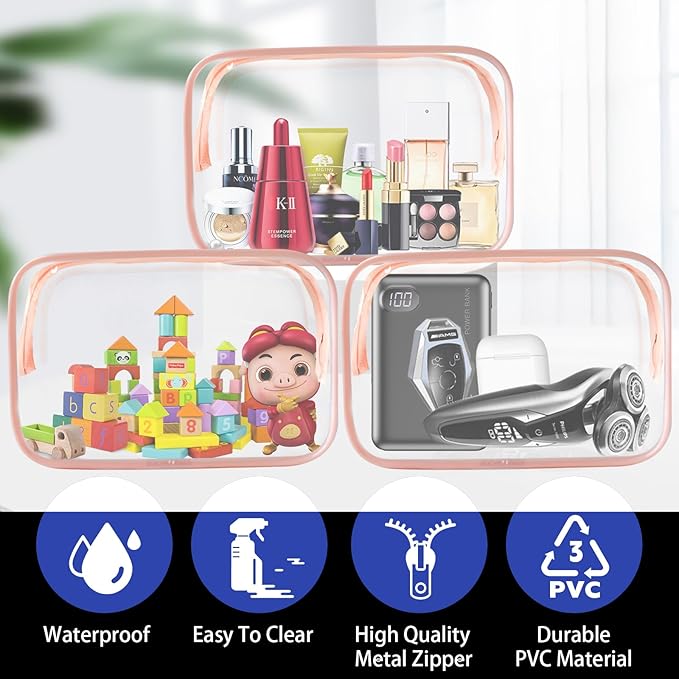 16 Pieces Clear Cosmetic Bags, Large Transparent Makeup Bags, TSA Approved Toiletry Bag for Travel, PVC Waterproof Clear Pouch with Zipper Make Up Bag for Women and Men Traveling (Rose Pink-L)