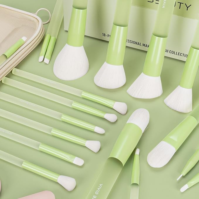Green Makeup Brushes 18PCS – Complete Make Up Brush Set with Soft Fiber Bristles, Painted Aluminum Ferrules, Non-Slip Rubber Handles, Storage Mesh Pouch & 2 Blender Sponges