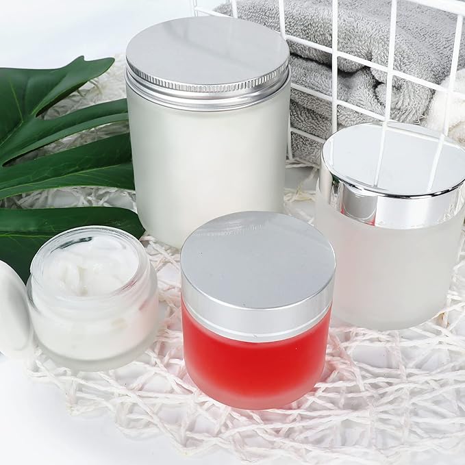 15 Pack, 1 oz 30ml Matte Clear Glass Jars with Silver Lids & Inner Liners, Empty Round Refillable Cosmetic Containers Travel Jars for Cosmetics, Body Butter,Scrubs,Face Cream Lotion,and More
