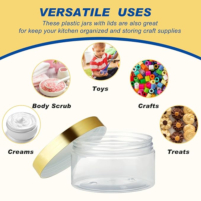 Dandat 24 Pcs 8 oz Plastic Jar Container with Lid and Label Refillable Empty Round Clear with Gold PET Cosmetic Sample Containers for Lotion, Cream, Ointments, Body Butter, Makeup, Travel Storage