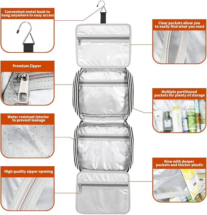 Hanging Travel Toiletry Bag,Large Capacity Cosmetic Travel Toiletry Organizer for Women with 4 Compartments & 1 Sturdy Hook,Perfect for Travel/Daily Use/Christmas