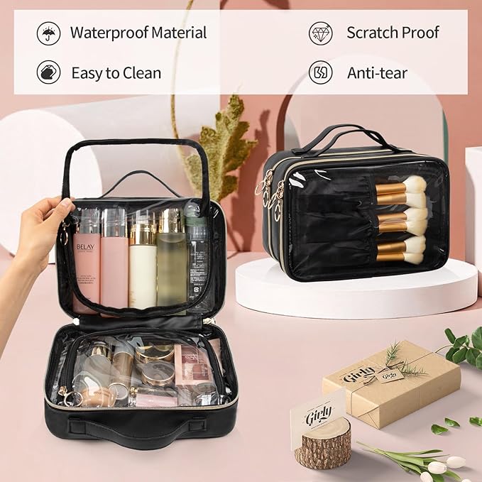 OCHEAL Clear Makeup Bag, Double Layer Cosmetic Bag, Large Capacity Minimalist Cosmetic Case for Women Travel Beauty Essentials, Multiple Compartments Makeup Case Organizer Zipper Pouch -Clear