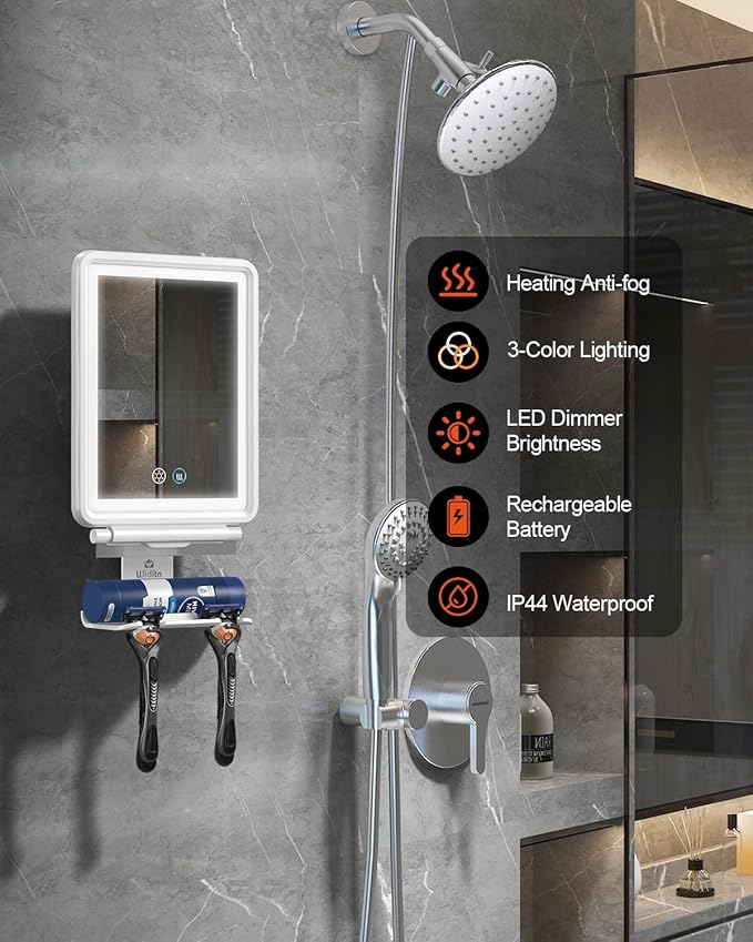 Heated Shower Mirror Fogless for Shaving, 3 Color Dimmable Lights Shower Mirror Fogless, Rechargeable Anti-Fog Shaving Mirror with Razor Holder, Storage Tray, Squeegee