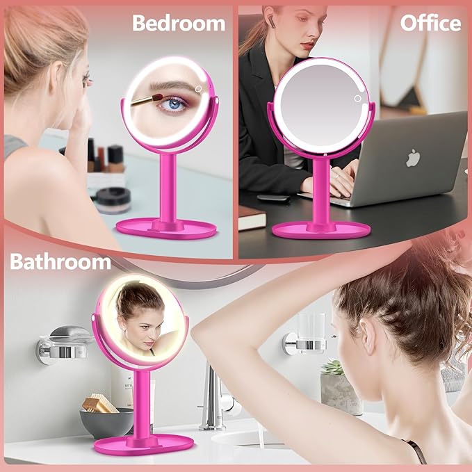 MIYADIVA Makeup Mirror with Lights, 20X Magnifying Mirror with Light and Touch Switch, 2-Sided Vanity Mirror with 3 Color and 80 LEDs, Hot Pink