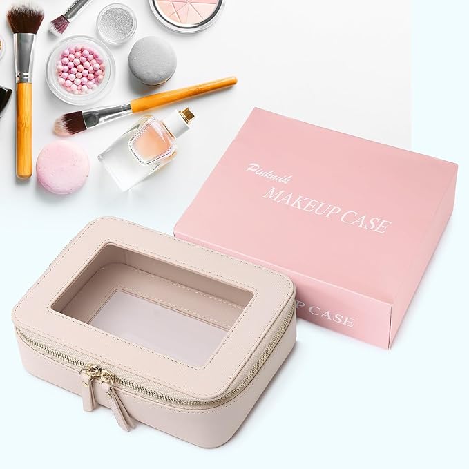 Pinkmik Clear Makeup Bag for Women Waterproof Travel Cosmetics and Toiletries Case Portable Makeup Oaganizer Bag Clear Car Bag with Zipper (Beige, M)