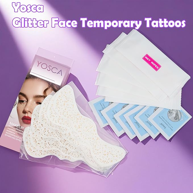 Yosca Glitter Freckles Face Tattoo, 6Pcs Metallic Silver Temporary Tattoos for Body Face Freckle Makeup, Waterproof Glitter Makeup Patches for Festival Concert Party Girl Women Rave Accessories