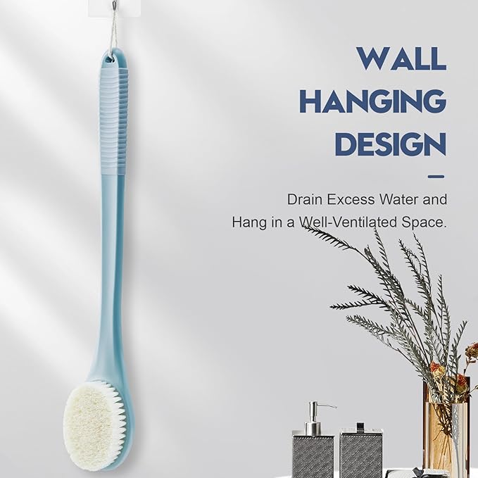 Back Scrubber for Shower, Shower Body Brush for Cleaning with Long Handle for Showering, 17 Inch Back Washer Exfoliator for Shower Men Women with Non-Slip Handle, Adhesive Hook (Blue)
