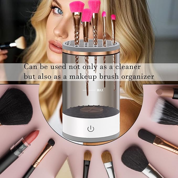 Electric Makeup Brush Cleaner Machine: Portable Face Beauty Brushes Cleaning Blender with Silicone Holder, Facial Care Tool Washer, Sponge Washing Device, Girls Travel Cosmetic Organizer (Black)