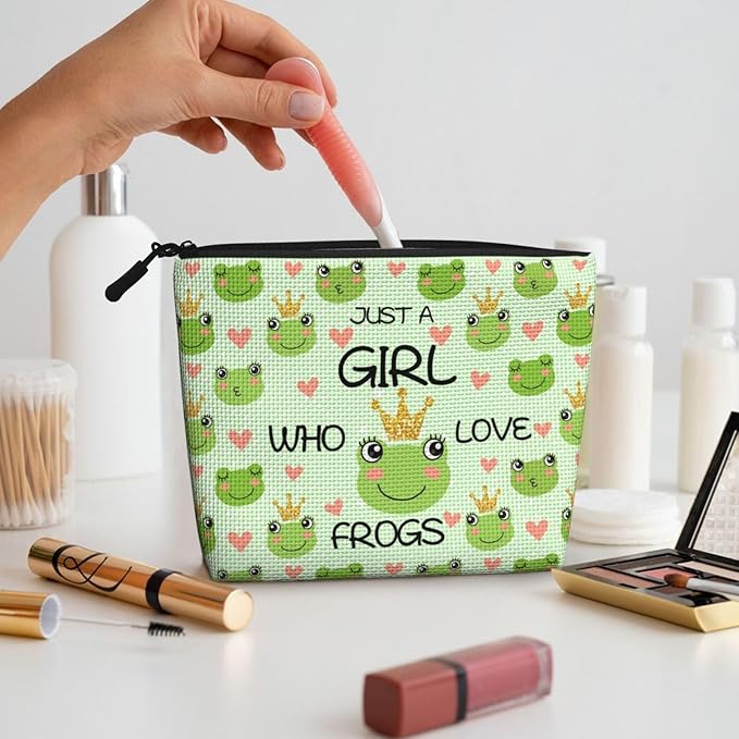 MOLAIGIN Just A Girl Who Love Frog Cute Frogs Cosmetic Bag For Women, Travel Makeup Bag, Toiletry Zipper Bag, Large Capacity Aesthetic Cases