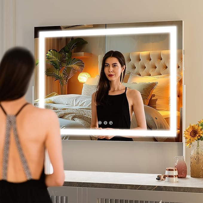 Hasipu Vanity Mirror with Lights, 25.6" x 21.3" LED Makeup Mirror, Light up Mirror with 10X Magnification and Phone Holder, USB Charging Port, Smart Touch 3 Colors Dimmable, 360ยฐ Rotation (White)