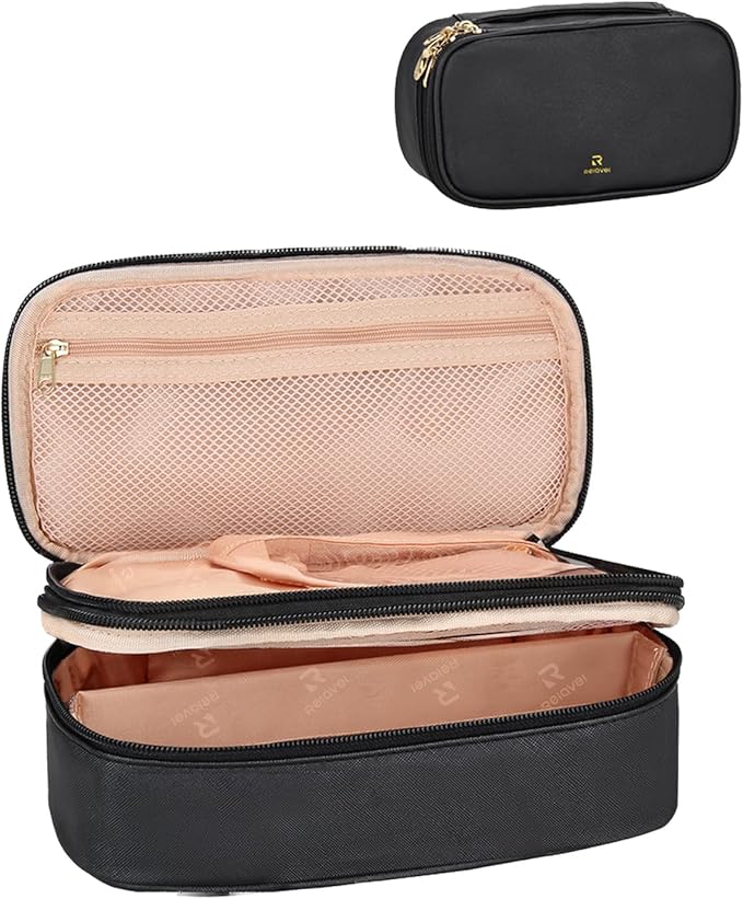 Relavel Large Makeup Bag, Travel Cosmetic Bag for Women Girls, 2-Layer Makeup Organizer with Separate Make Up Brush Holds, Portable Cosmetic Brush Organizer for Trip, Christmas Gift - Black