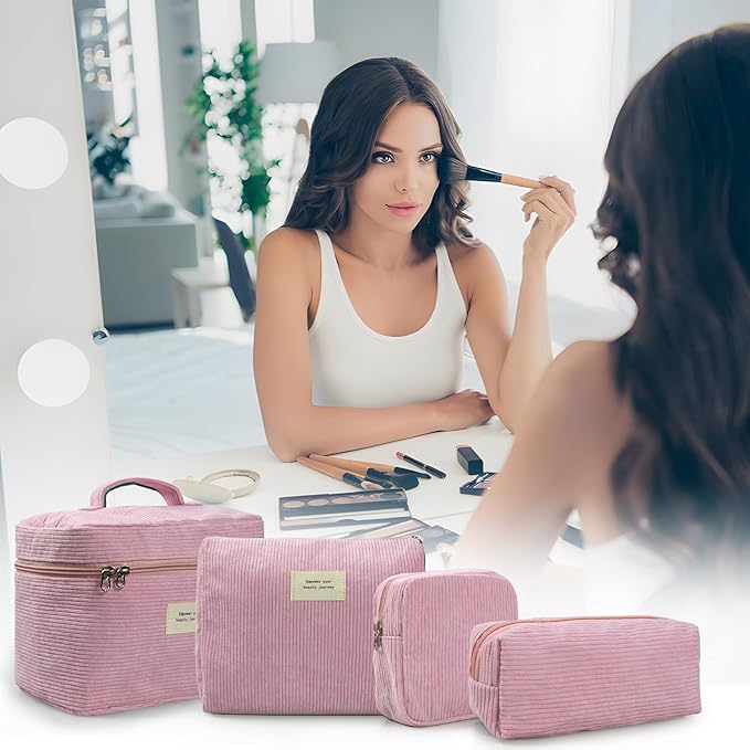 4 Pcs Makeup Bag for Women Corduroy Cosmetic Bag Aesthetic Cute Bags Multi Size Purse Pouch Travel Toiletry Bag Set Makeup Organizer with Zipper(Pink)