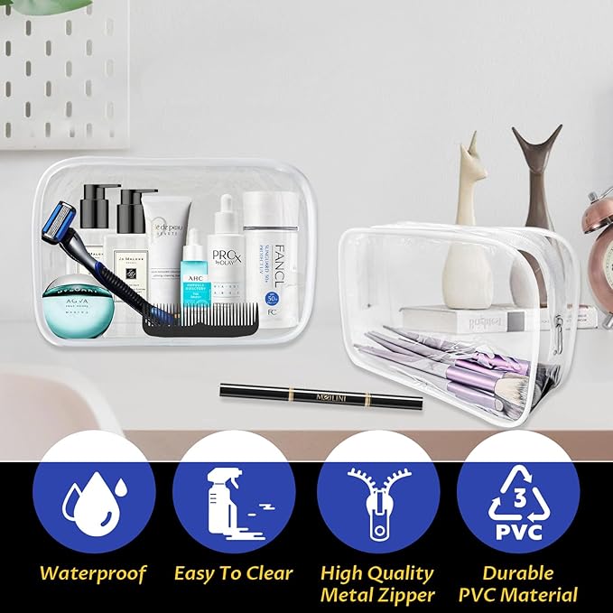 16 Pieces Clear Makeup Bags Bulk, TSA Approved Toiletry Bag for Travel, PVC Waterproof Cosmetic Pouches Clear Pouch with Zipper for Men and Women Carry-on Travel Essentials Cosmetic Bags (White-M)