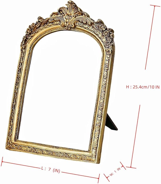 Small Gold Vintage Vanity Desk Makeup Mirror Antique Decorative Wall Mirror,Resin Carved Arch Table Mirror with Stand for Living Room,Bedroom Dresser,Desktop Decor 10.2" x 7" 