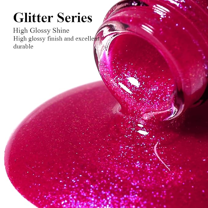 Imtiti Hot Pink Iridescent Glitter Gel Nail Polish, Soak Off LED U V Shimmer Sparkle Nail Gel Polish DIY Nail Art Starter Manicure Salon Kit for Women Girls 10ML