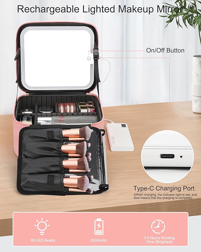 Relavel Makeup Bag with Light Up Mirror, Makeup Case Travel Cosmetic Bags Brush Organizer Storage Box, Rechargeable Vanity Mirror with 3 Color Lights, High Frame Mirror Protection (Pink)