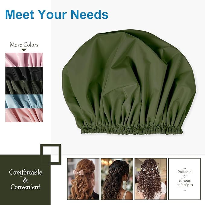 Shower Cap for Women, Double Layer Waterproof Bath Cap, Reusable Hair Protector, Large Waterproof Shower Bonnet Washable Elastic Band Bath Hair Hat for Long Hair, Braids, - Dark Green