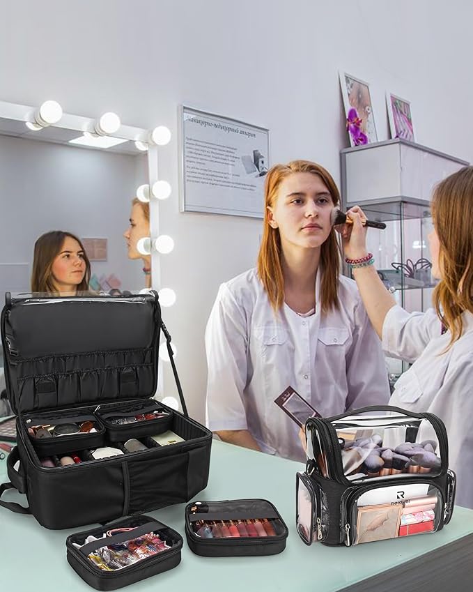 Makeup Backpack Extra Large Cosmetic Bags Professional Makeup Artist Bag Travel Train Case Storage Organizer Double-Layer Cosmetic Case with 4 Pouch and Brush Organizer