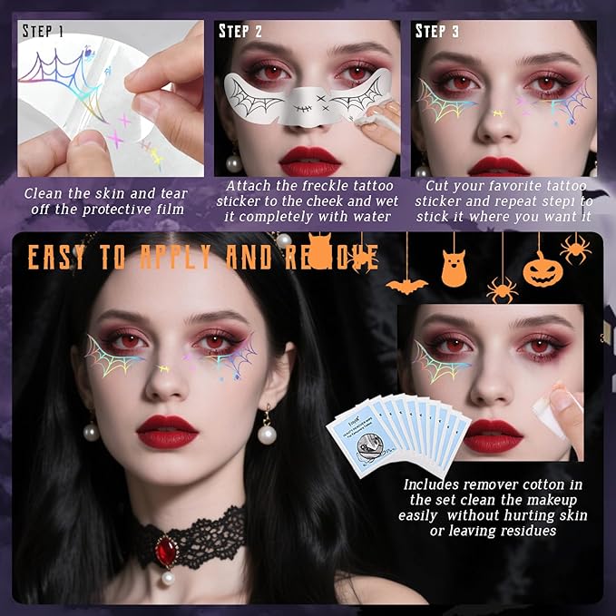 8pcs Holographic Silver Halloween Glitter Freckles Face Tattoo, Waterproof Long Lasting Multicolor Speckles Patches for Women Kids, Cute Temporary Tattoo Makeup Accessories for Festival Rave