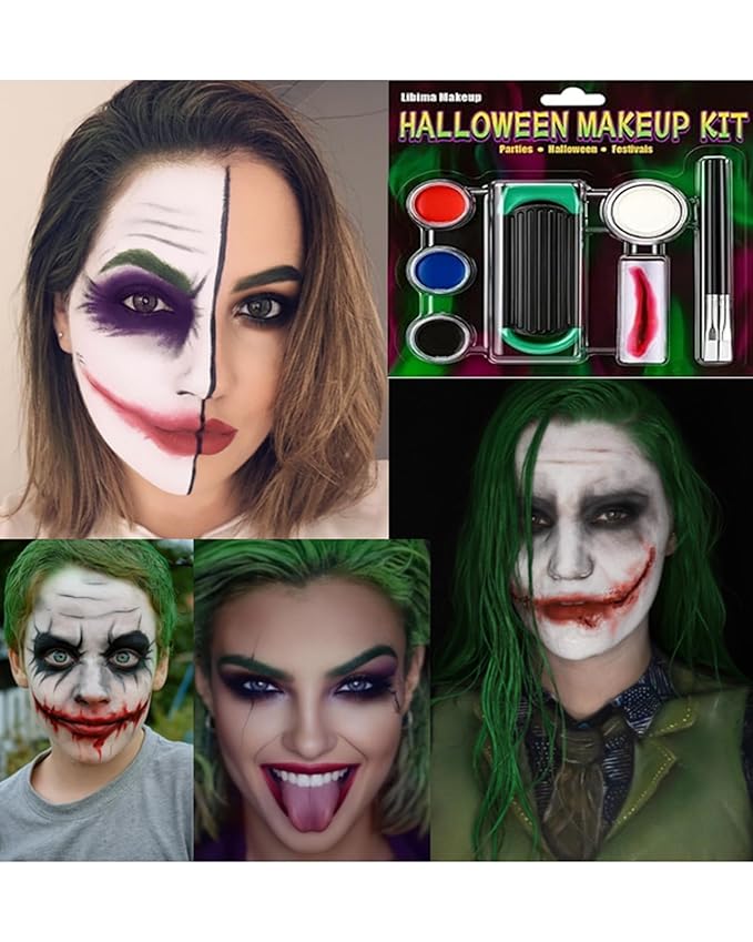 Libima Halloween Jokers Makeup Kit, Complete Jokers/clown Makeup Accessories Face Paint Mouth Scar Sticker Green Disposable Hair Cream Folding Comb Brush for Halloween Cosplay Carnival Party