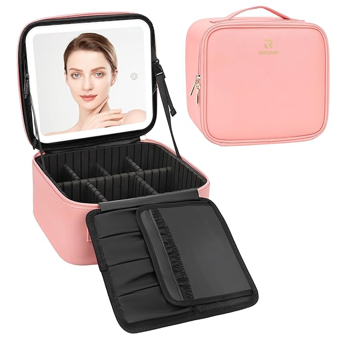 Relavel Travel Makeup Bag With LED Mirror Portable Travel Makeup Organizer 3 Color Adjustable Brightness Waterproof Cosmetic Train Case with Removable Dividers Makeup Storage for Women, Pink