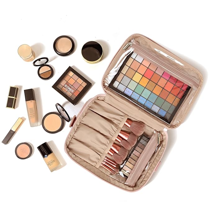 NISHEL Extra Large Double Layer Travel Makeup Bag Women, Cosmetic Organizer Case, Essentials Accessories with Shoulder Strap for Bottles, Brushes, Conditioner, Skin Care Products, Pink