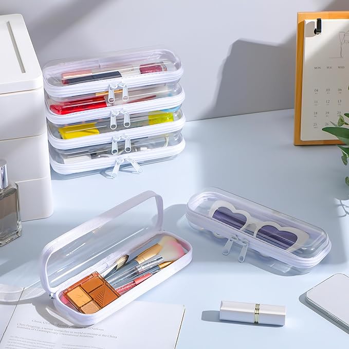 Sanwuta 6 Pcs Clear Hard Zipper Case Pencil Pouches Hard Plastic Zipper Pouches Makeup Bag Transparent Cases for Snacks Plastic Storage Organizer Box for Travel(White,7.87 x 2.56 x 1.57 Inch)