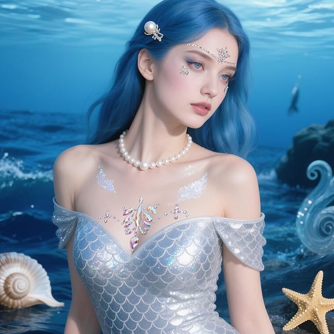 Wehhbtye 6 Pcs Mermaid Glitter Face and Chest Gems, Rhinestone Chest Jewels Face Sticker with Body Glitter, Festival Rave Body Crystal Tattoo for Halloween Costume Themd Party Makeup