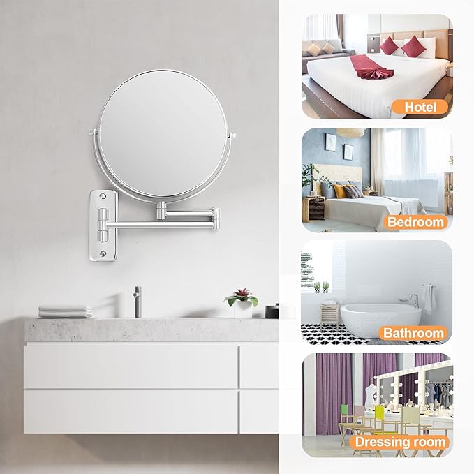 8” Wall Mounted Makeup Mirror - 1X/10X Double Sided Magnifying Bathroom Mirror, 360° Swivel Extendable Vanity Shaving Mirror with Adjustable Arm for Bathroom, Chrome(No Light)