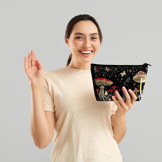 Mushrooms Makeup Bag Cosmetic Bag for Women,1Pcs Large Capacity Makeup Bags and 1Pcs Pencil Case Makeup Brushes Storage Bag Travel Toiletry Bag Organizer