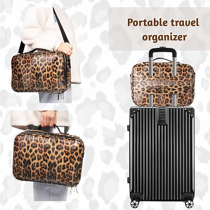 Makeup Case Large Travel Makeup Bag 3 Layers Cosmetic Train Case Cosmetic Organizer Brush Holder Waterproof Makeup Storage Bag with Adjustable Dividers and Shoulder Strap (Leopard)
