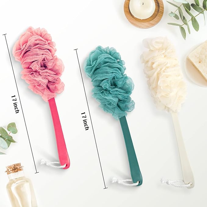 Back Scrubber for Shower, Qewro Loofah on a Stick as Shower Brush Exfoliating Body with Long Handle, Loofah Sponge Mens Loofah Bathing Accessories for Women (2Pack Blue) (4Pack Blue and Pink)